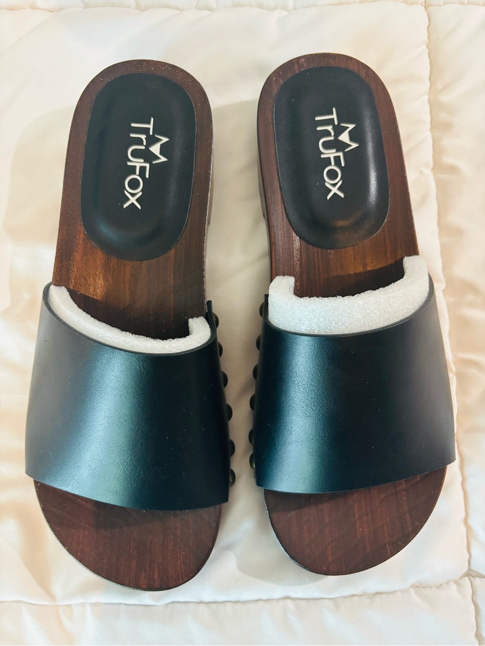 Black Slide Clogs with Wood-Look Footbed